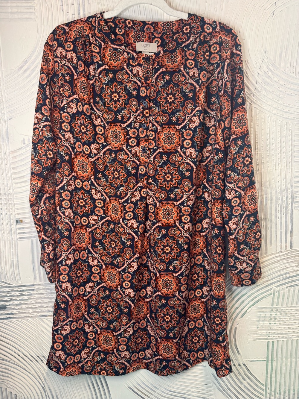LOFT Navy and Rust Floral Tile-Print Tunic